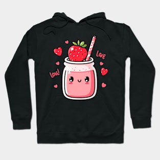 Strawberry Milkshake Drink with Strawberries and Hearts in Kawaii Style | Cutesy Kawaii Hoodie